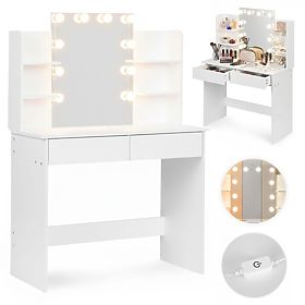 Grande coiffeuse avec miroir et éclairage LED 3 couleurs étagères tiroirs ModernHome, MODERNHOME