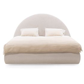 Lit en tissu Orbi 140x200 cm, avec sommier et espace de rangement, arrondi, beige