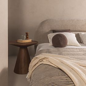 Lit Luno 140x200 cm rembourré, avec sommier et espace de rangement, beige clair, arrondi