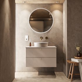 Meuble sous lavabo Nelli 80 cm, cachemire, rainuré, poignées dorées