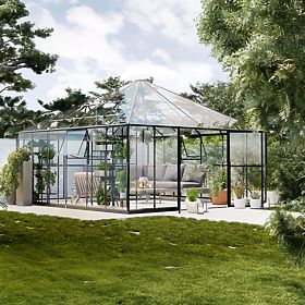 Orangerie de jardin ProGlass Gazebo Large avec base 17,8 m² verre trempé 4 mm, aluminium, noir