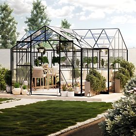Orangerie de jardin Royal Green Standard 16,6 m² avec base, verre trempé 4 mm, aluminium, noir