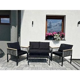 Petit ensemble de mobilier pour balcon (2 x fauteuil, canapé + table) CORTO aluminium noir, rotin sy