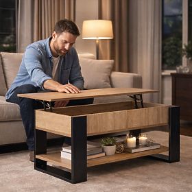 Table basse extensible avec plateau relevable 90 cm espace de rangement étagère chêne sonoma ModernH, MODERNHOME