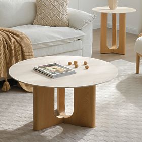 Table basse Klimt 90 cm, ronde, travertin/chêne