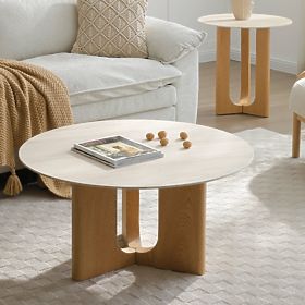 Table basse Klimt 90 cm, ronde, travertin/chêne