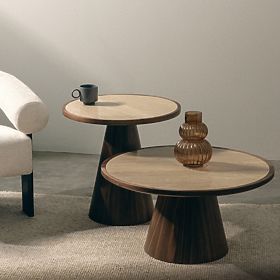 Table basse Kyoto 80 cm, ronde, travertin/noyer, lectus