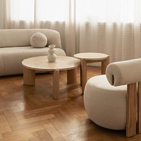 Table basse Medley 90 cm, ronde, travertin/frêne