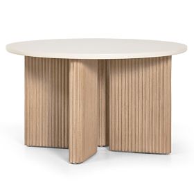 Table de jardin Komorebi 130 cm avec plateau en pierre, bois d'acacia clair/beige clair, rond, latte