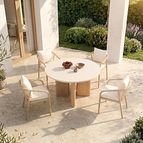 Table de jardin Komorebi 130 cm avec plateau en pierre, bois d'acacia clair/beige clair, rond, latte