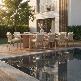 Table de jardin Komorebi 270 cm avec plateau en pierre, bois d'acacia clair/beige clair, ovale, à la