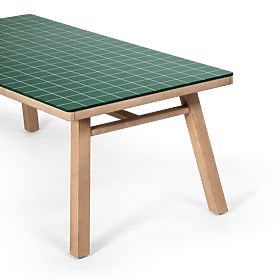 Table de jardin Wabi 200 cm avec plateau en pierre, bois d'acacia clair/vert, rectangulaire