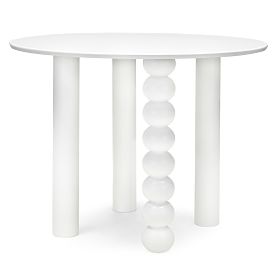 Table rond Bolla 100 cm, placage de hêtre, blanc, pied décoratif avec boules