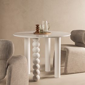 Table rond Bolla 100 cm, placage de hêtre, blanc, pied décoratif avec boules